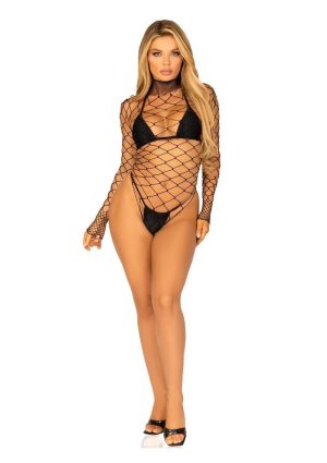 Leg Avenue High Neck Fence Net Long Sleeved Bodysuit with Snap Crotch Thong Panty - O/S - Black