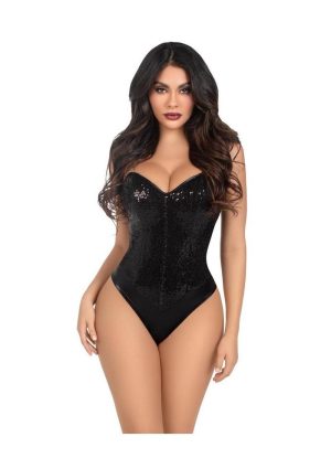 Leg Avenue Sequin Boned Snap Crotch Bodysuit with Detachable Clear Strap (2 Piece) - Large - Black