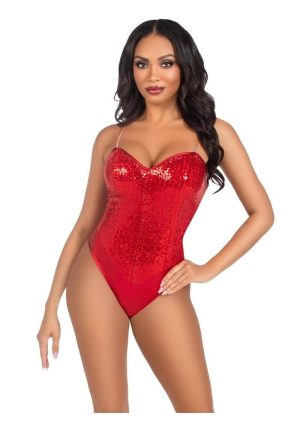 Leg Avenue Sequin Boned Snap Crotch Bodysuit with Detachable Clear Strap (2 Piece) - Large - Red