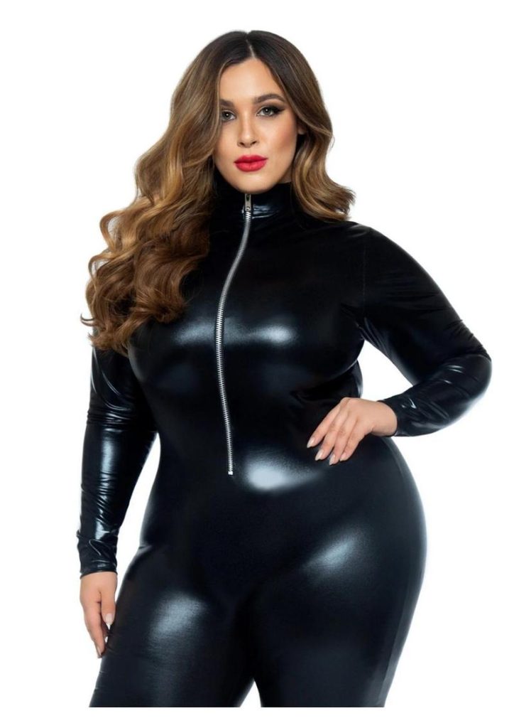 Leg Avenue Lame Zipper Front Cat Suit - 1X/2X - Black