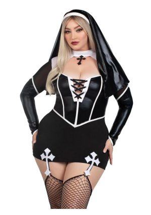 Leg Avenue Holy Hottie Set Boned Garter Dress with Cross Accents and Nun Habit (2 Piece) - 3X/4X - Black/White