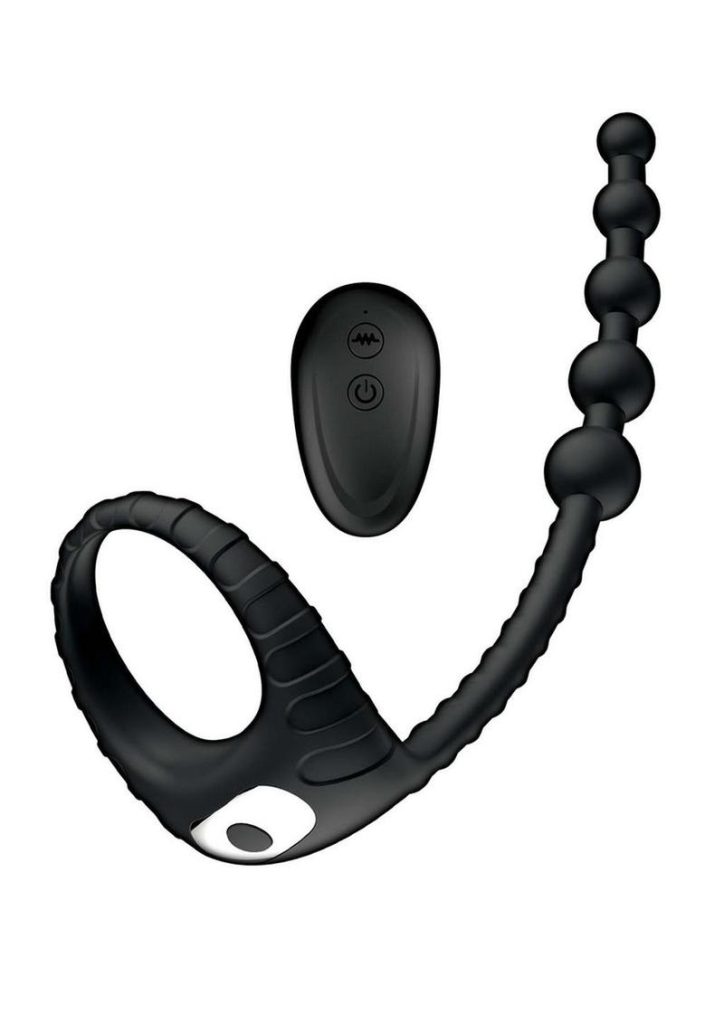 Atomic Dual Delight Rechargeable Silicone Cock Ring with Anal Beads - Black