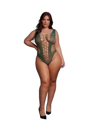 Le Desir V-Neck Teddy with Opaque Panels - Queen - Green