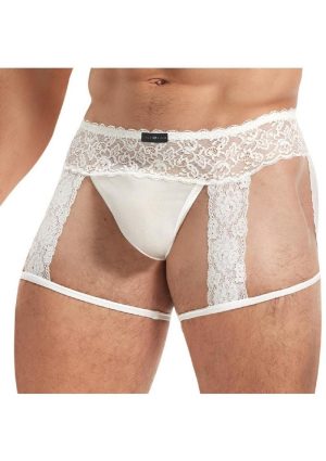 Lace King Men`s Lace and Mesh Garter Panty - S/M - White