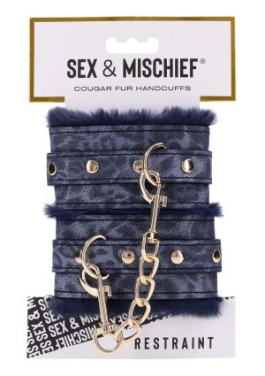 Sex and Mischief Cougar Fur Handcuffs - Navy/Gold