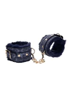 Sex and Mischief Cougar Fur Handcuffs - Navy/Gold