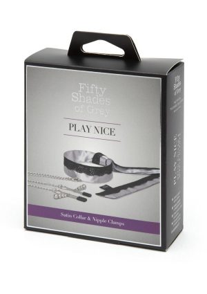 Fifty Shades of Grey Play Nice Satin and Lace Collar andamp; Nipple Clamps - Silver/Black